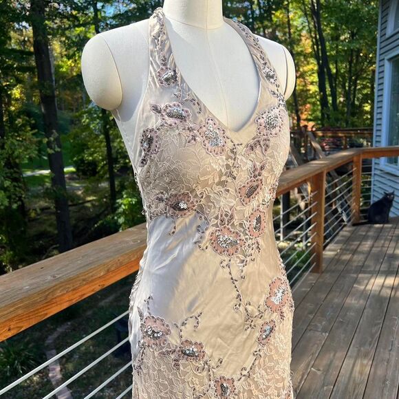 Vintage Cache Beaded Gold & Tan Lace Silk Formal Dress Gown - Picture 2 of 10